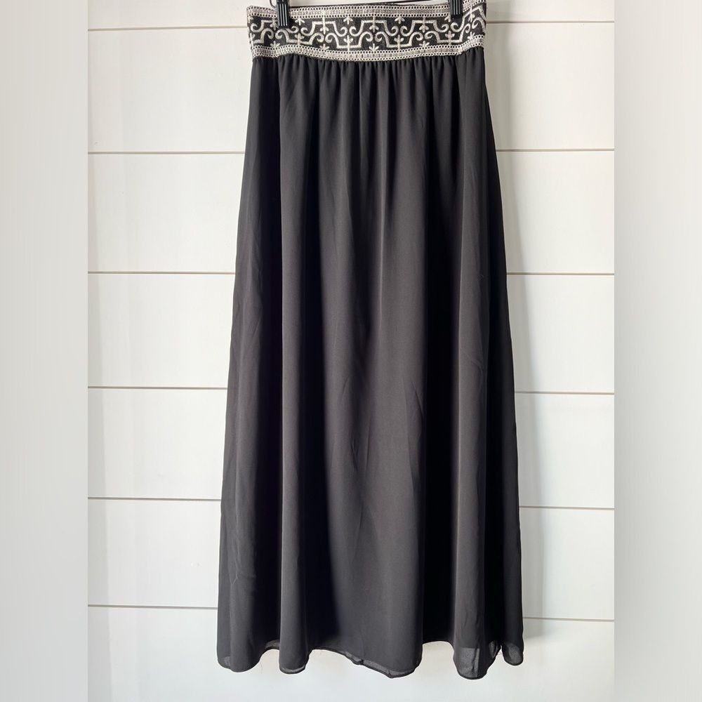Aina Be Black Chiffon Maxi Skirt Embroidered Waistband Boho Flowy Full Length